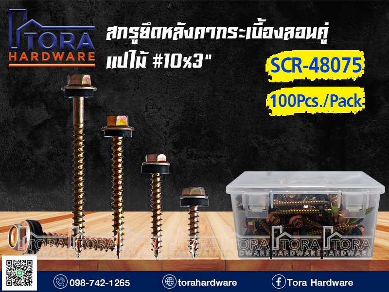 สกรูปลายแหลมยึดหลังคากระเบื้องลอนคู่10x3